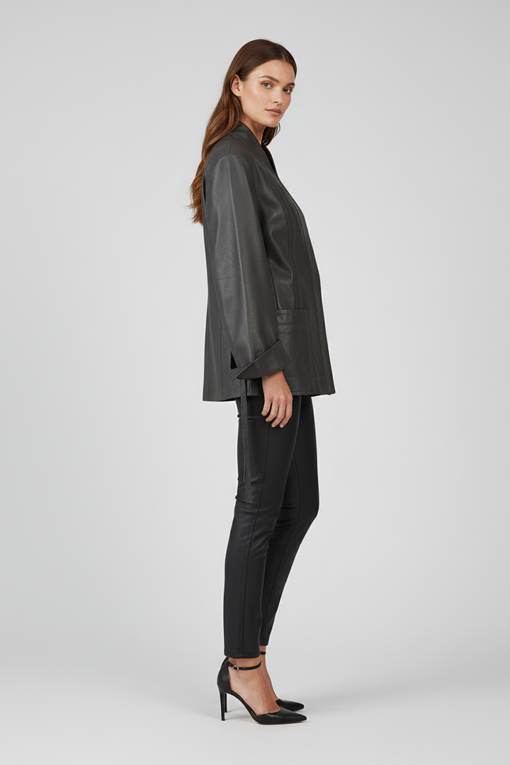 PARKER - Belted Leather Jacket - female model, side profile, belted leather