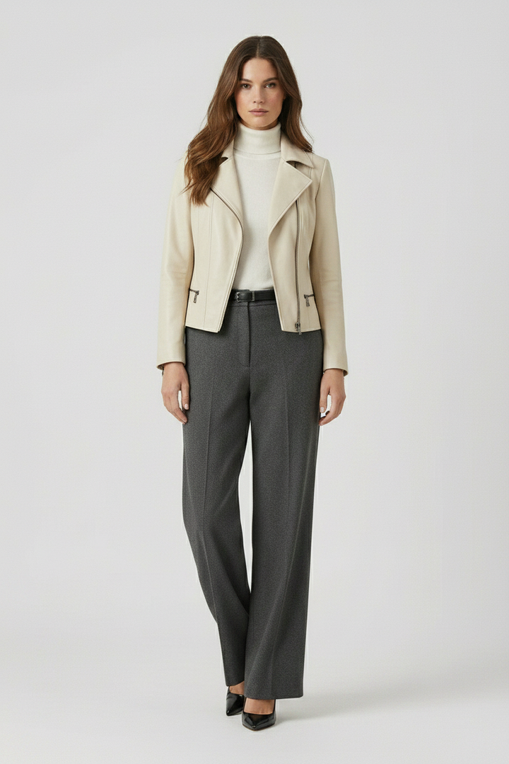 PAULETTE - Moto Leather Jacket - off-white premium quality sleek silhouette