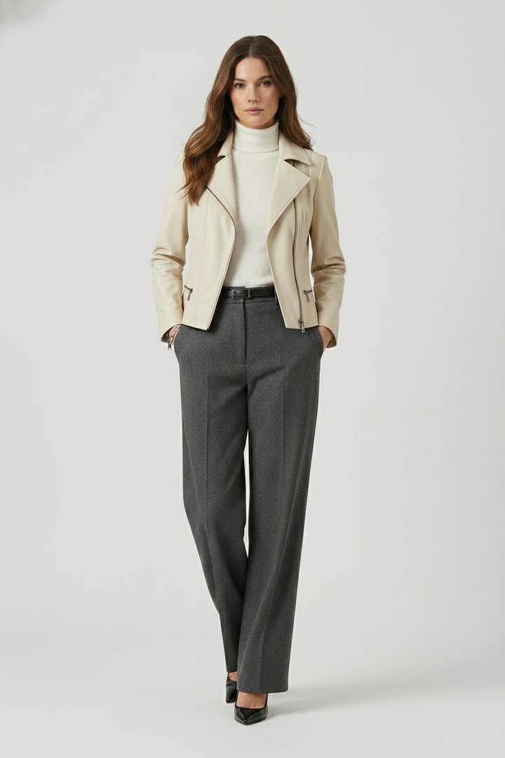 PAULETTE - Moto Leather Jacket - off-white sophisticated biker style, hands in pocket
