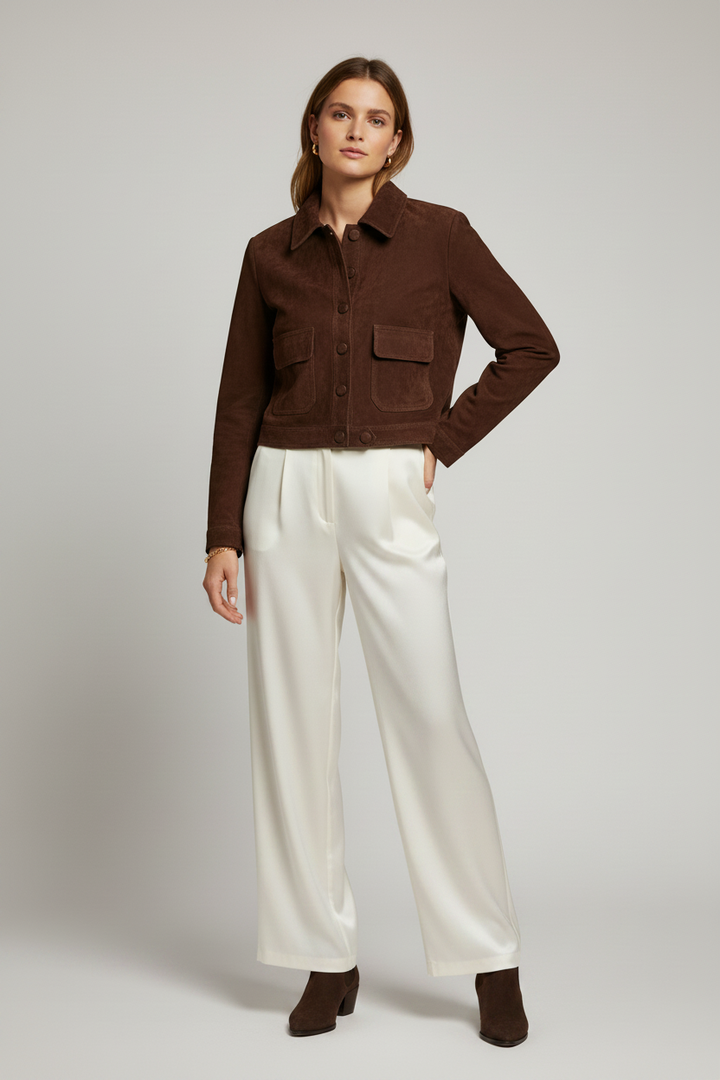 PAYTONE - Cropped Goat Suede Jacket, Brown, Full Body Shot