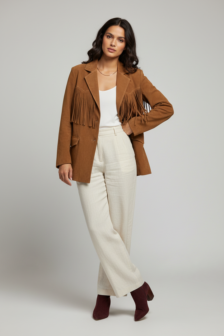 Peyton - Tassel Suede Lea - Rich tan, intricate fringe, luxury