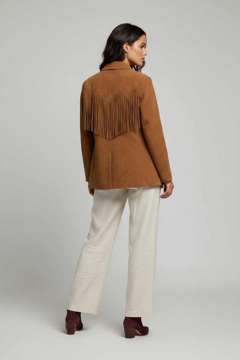 Peyton - Tassel Suede Lea - tan suede blazer, back fringe, quiet luxury