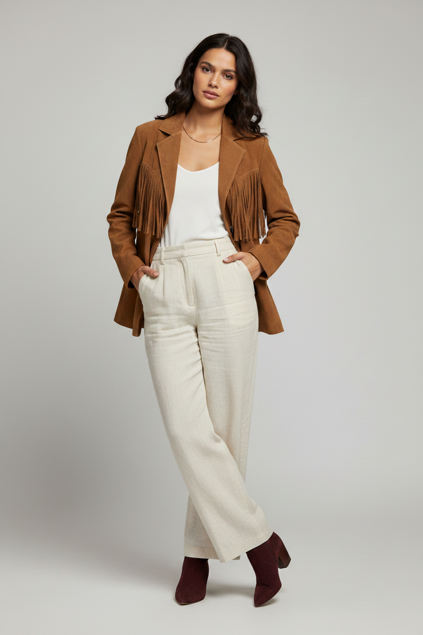 Peyton - Tassel Suede Lea - women's tan fringe blazer