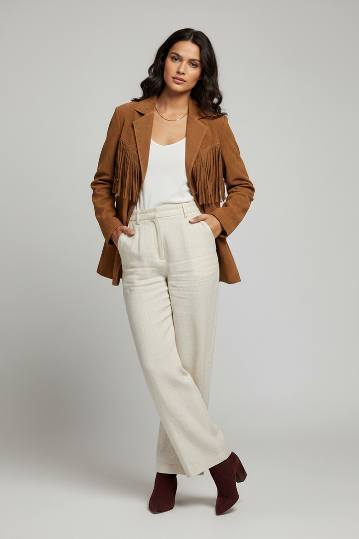 Peyton - Tassel Suede Lea - women's tan fringe blazer