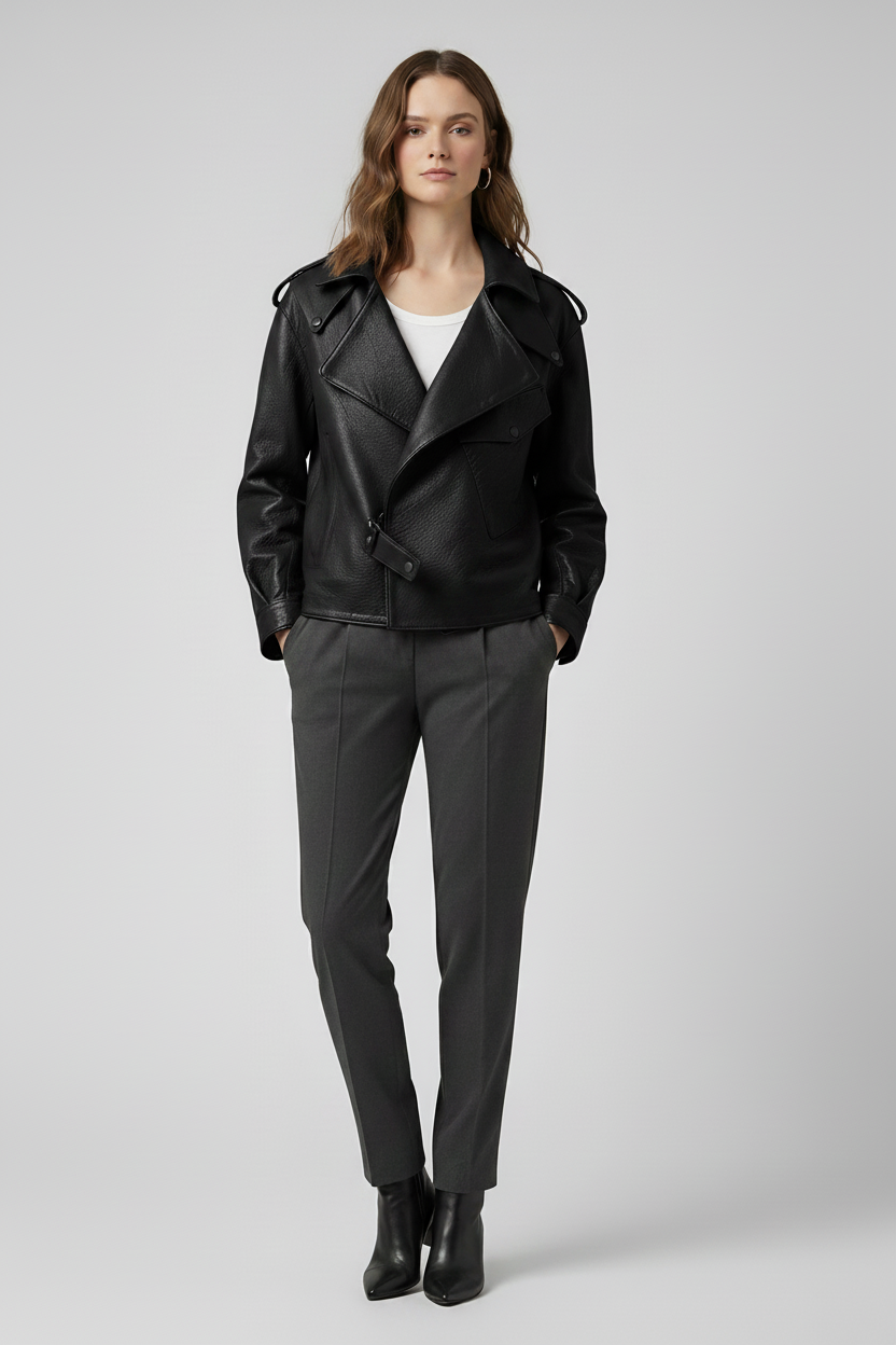 PIPPA - Black Bubble Sheepskin Leather Bomber Jacket - on model rear view