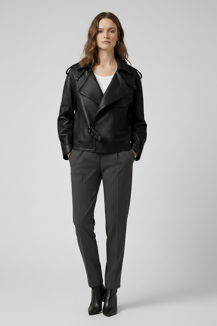 PIPPA - Black Bubble Sheepskin Leather Bomber Jacket - on model rear view