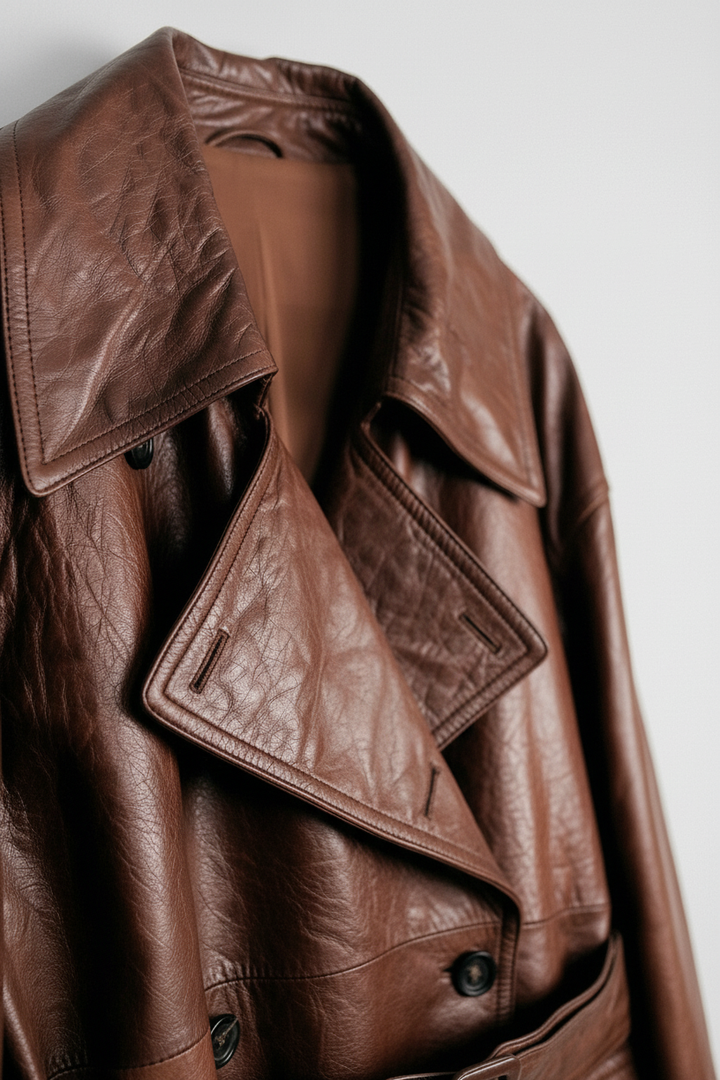 PRESCOTT - Close-up of brown cowhide leather trench coat collar and lapel detail