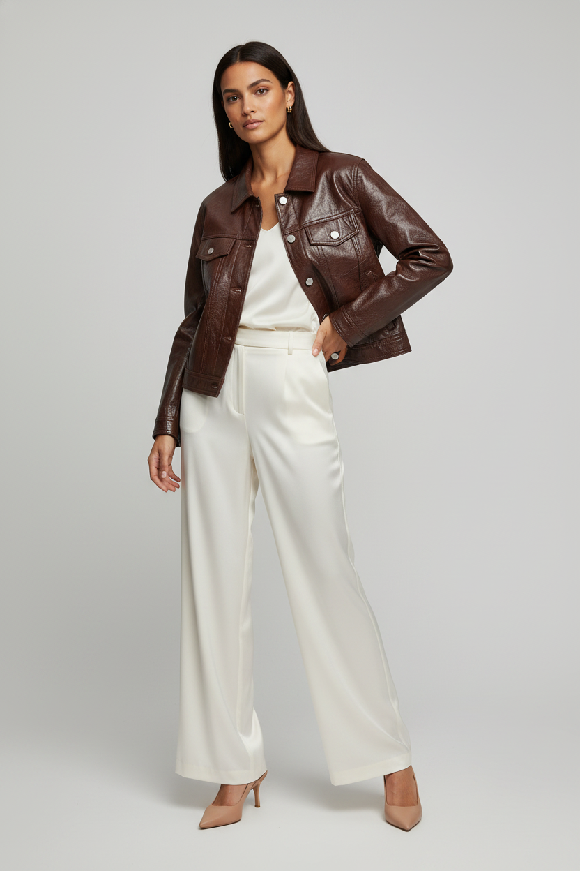 QUINN - Cropped Cowhide L - dark brown leather, high-shine, silver buttons
