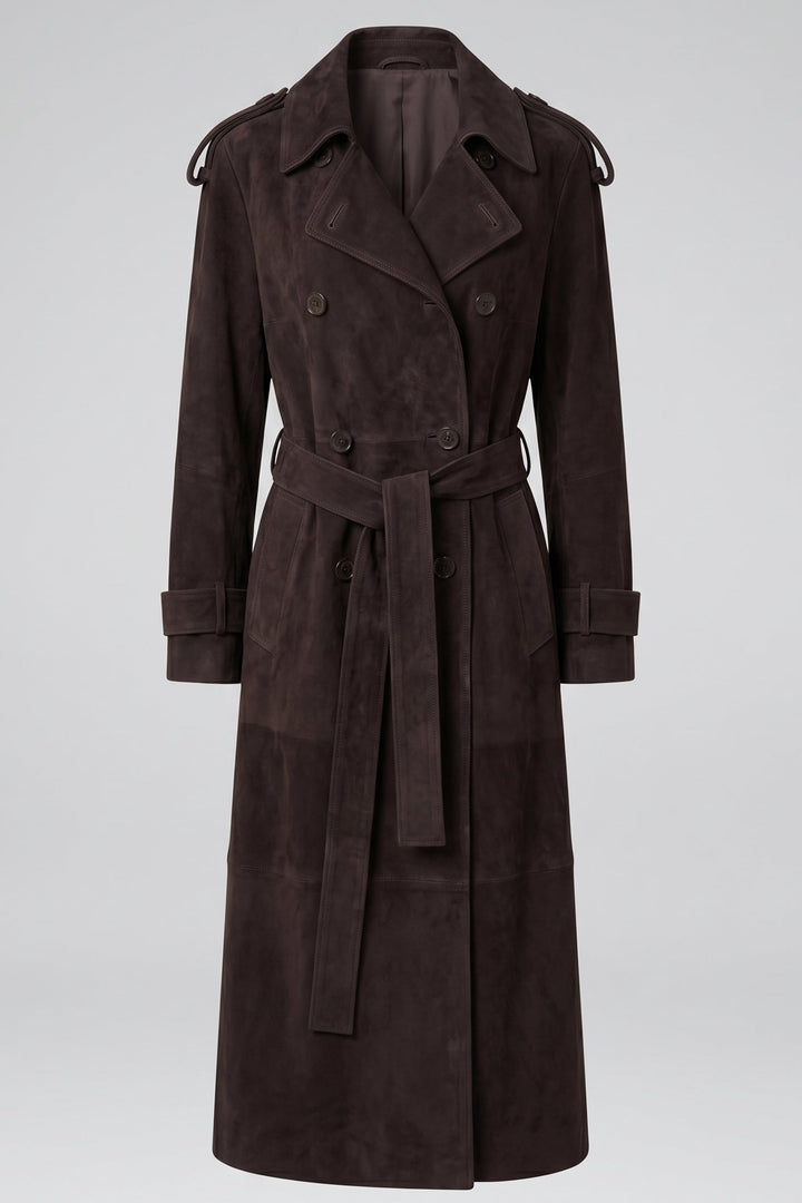 SAGE - Belted Suede Leath Trench Coat, Rich Brown, Double-Breasted, Full Length, Back View