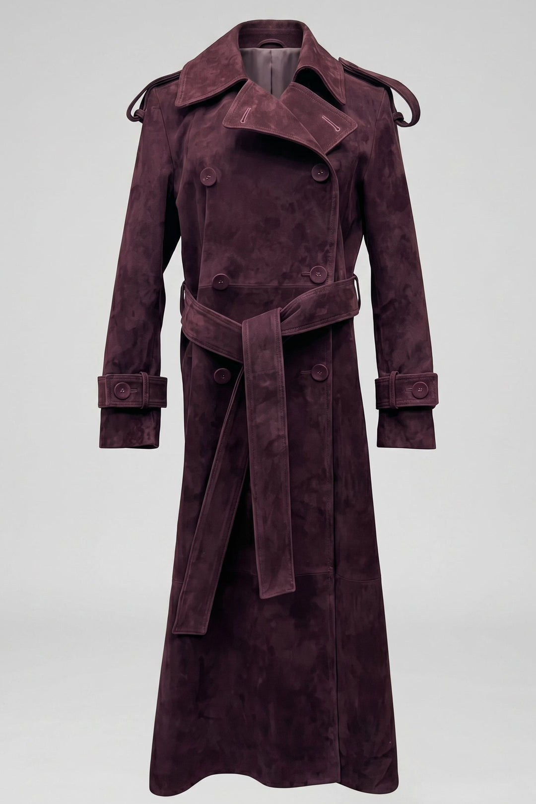 SAGE - Belted Suede Leath Trench Coat, Dark Purple, Double-Breasted, Full Length