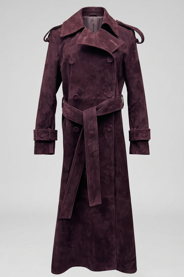 SAGE - Belted Suede Leath Trench Coat, Dark Purple, Double-Breasted, Full Length