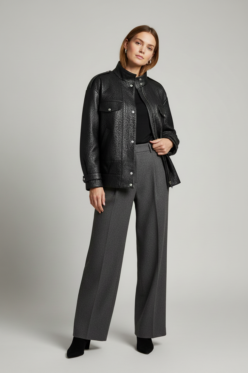 RIVER - Oversized Bubble - black pebbled leather, high collar, structured jacket, quiet luxury