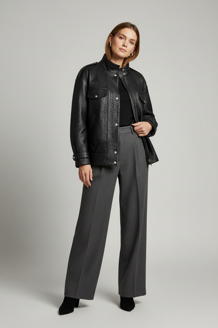 RIVER - Oversized Bubble - black pebbled leather, high collar, structured jacket, quiet luxury