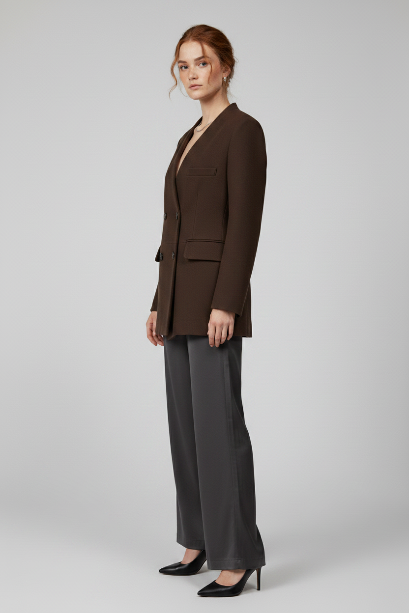ROWAN - Double-Breasted S - chocolate brown, brushed wool, tailored, quiet luxury