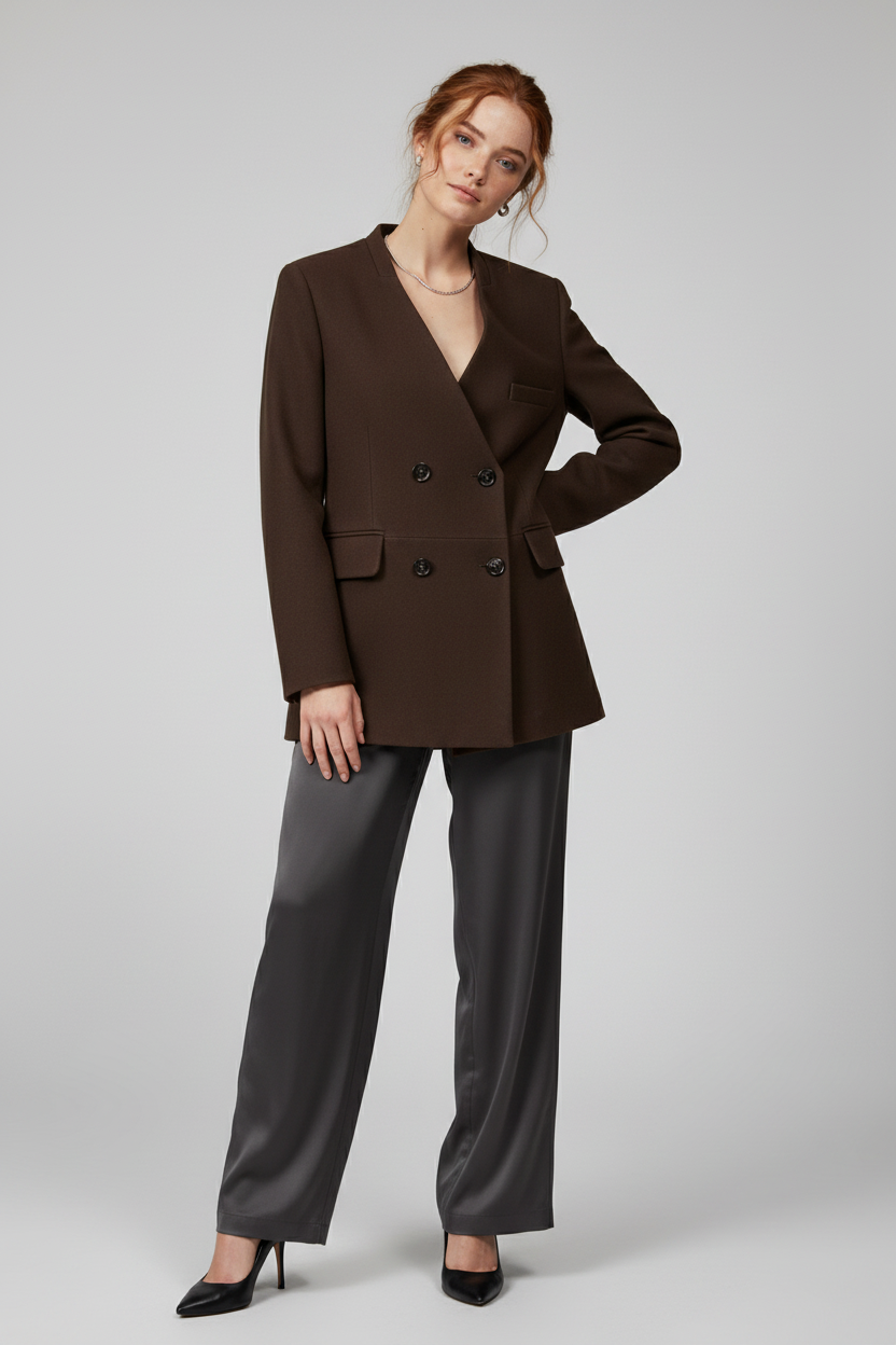 ROWAN - Double-Breasted S - chocolate brown, tailored wool, quiet luxury