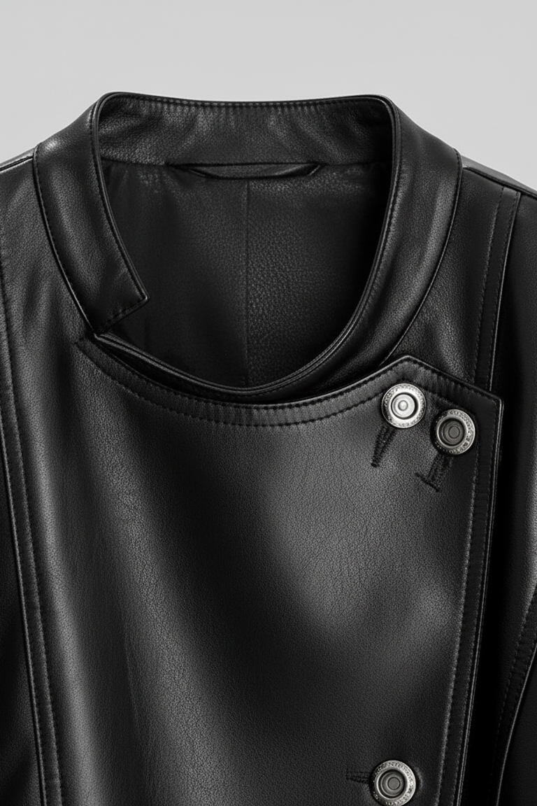 ROWYN – Belted Cropped Le - collar detail, neckline texture, stitching, luxury fabric