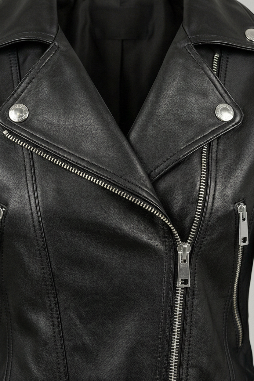 Ryder - Black leather motorcycle jacket, close-up of zipper detail