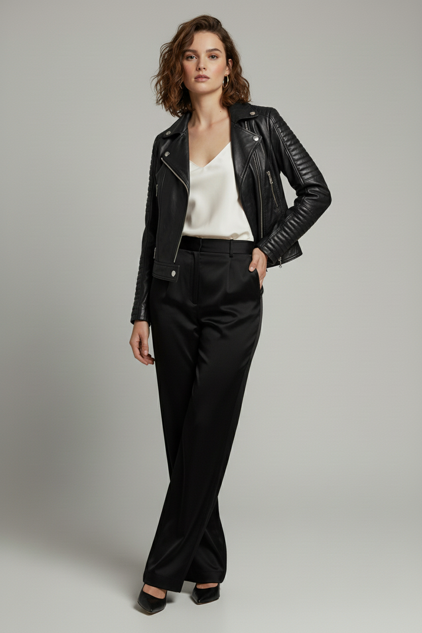 Ryder - Black leather motorcycle jacket, crossed legs, front view