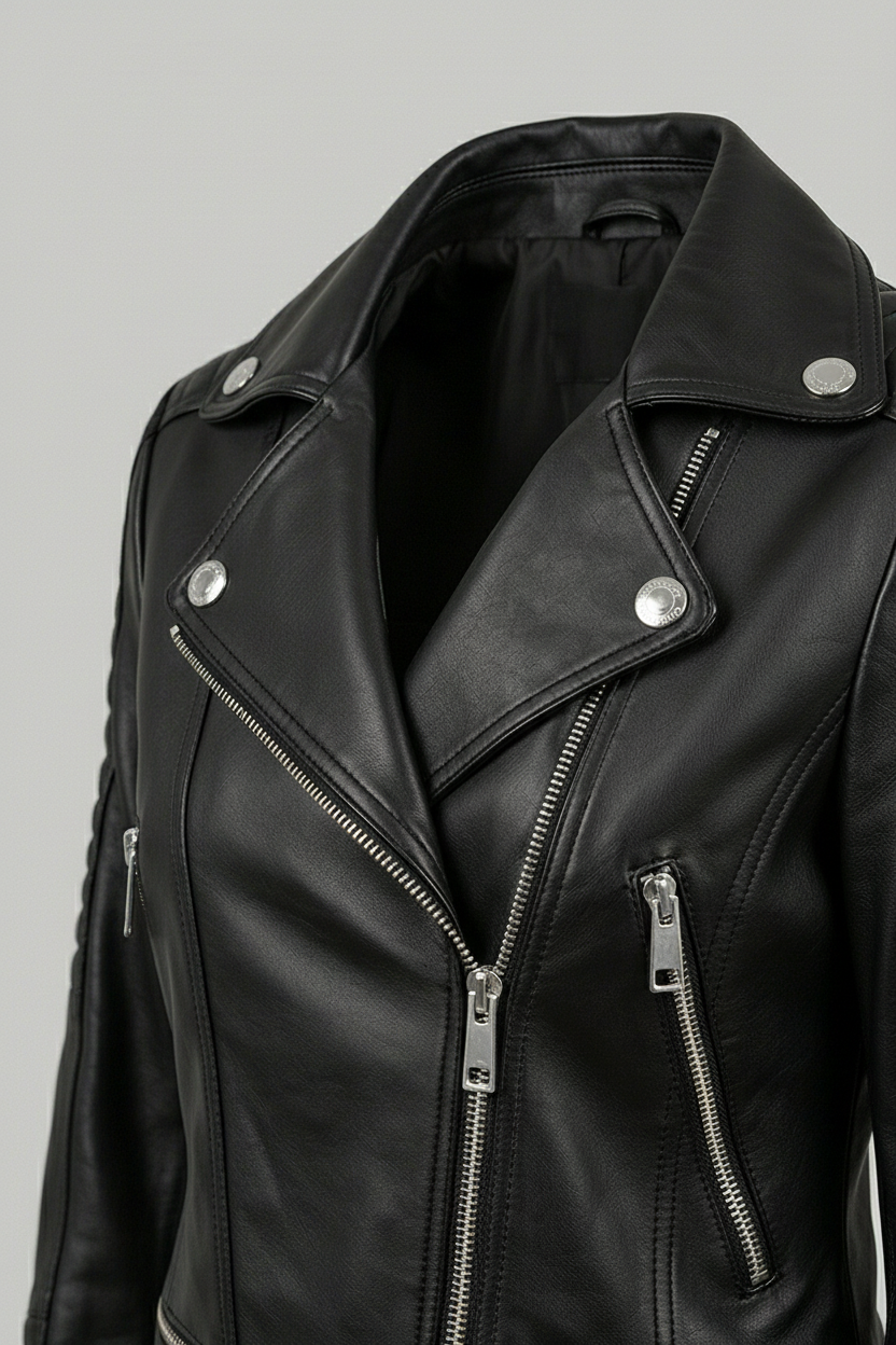 Ryder - Black leather motorcycle jacket, detail of collar and lapel