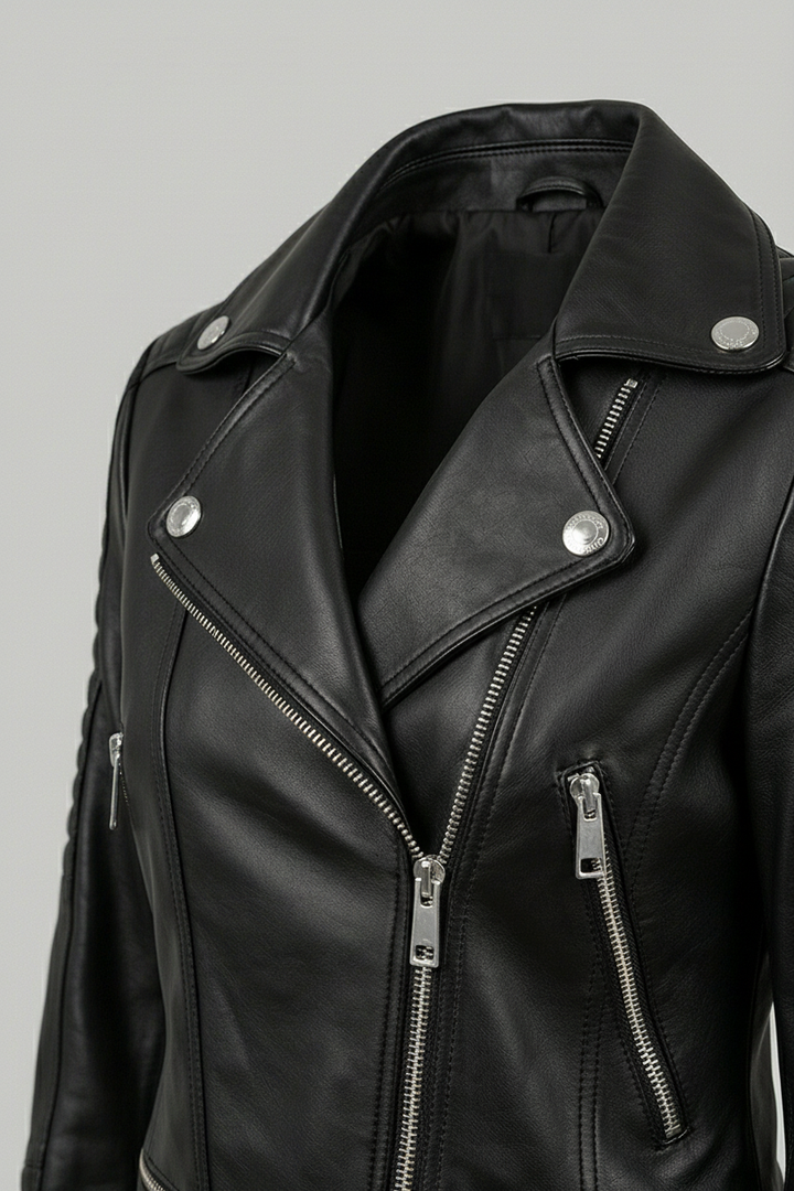 Ryder - Black leather motorcycle jacket, detail of collar and lapel