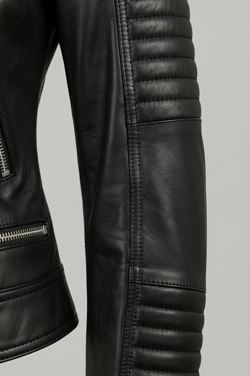 Ryder - Black leather motorcycle jacket, detail of sleeve