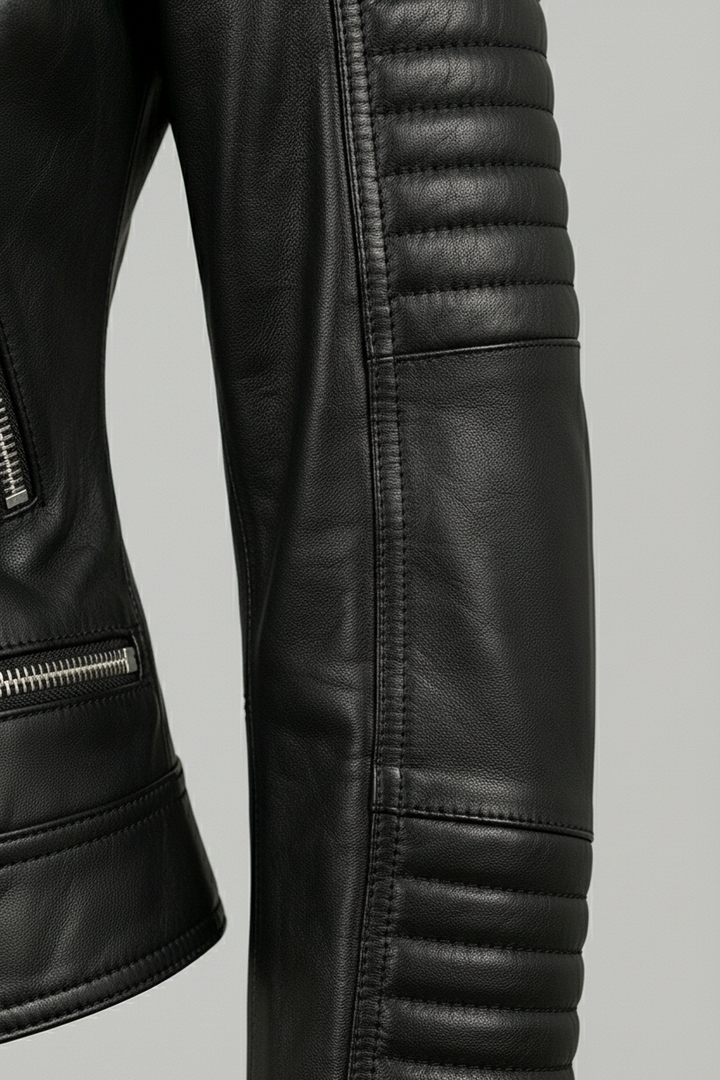 Ryder - Black leather motorcycle jacket, detail of sleeve