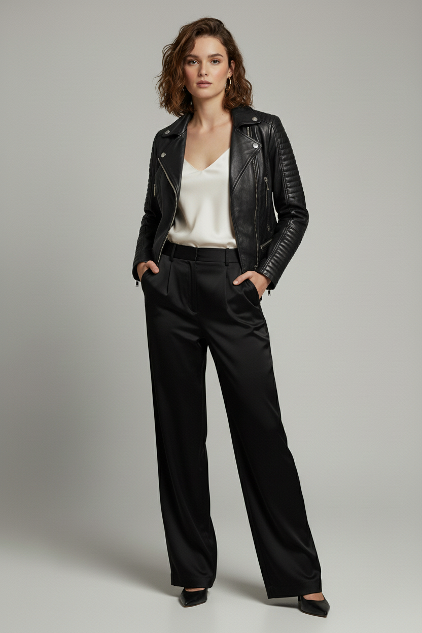 Ryder - Black leather motorcycle jacket, Hands in pockets, front view