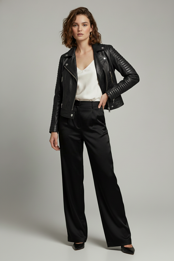 Ryder - Black leather motorcycle jacket, Relax pose, front view