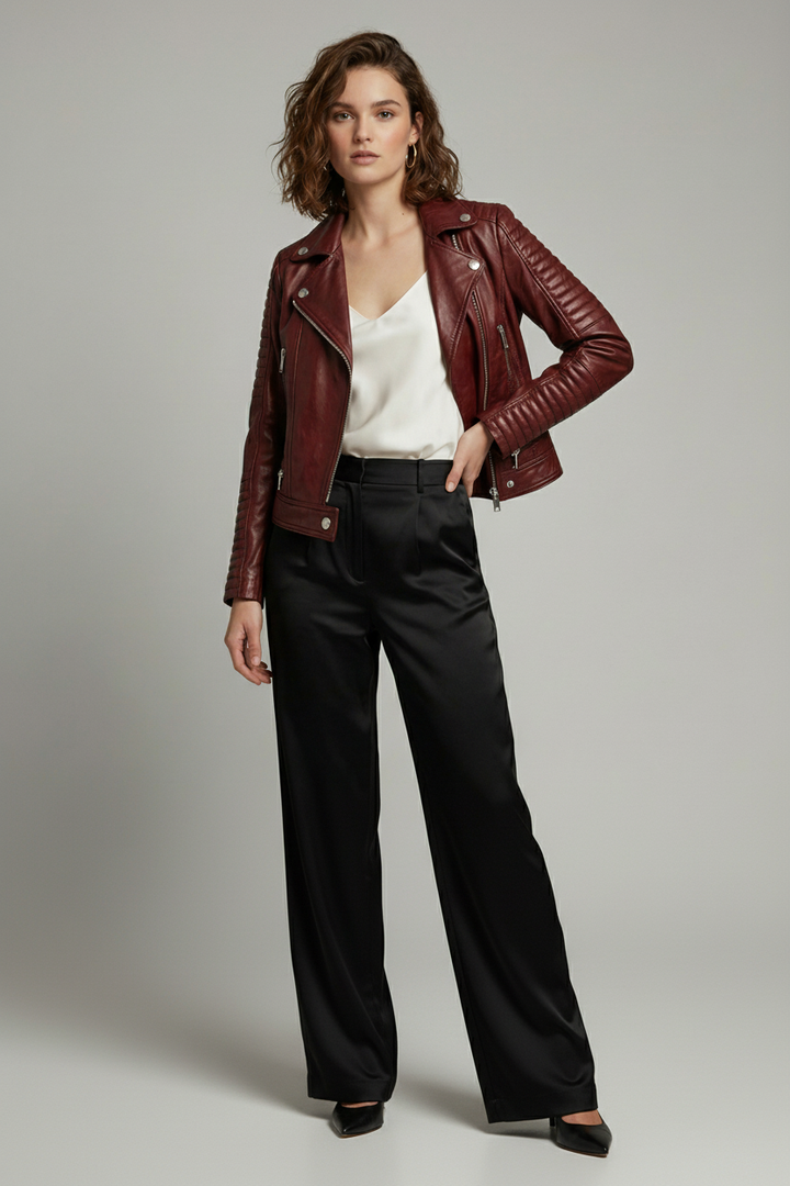 Ryder - Burgundy leather motorcycle jacket, on model front view