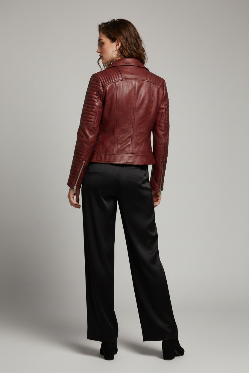 Ryder - Burgundy leather motorcycle jacket, slightly angled back view