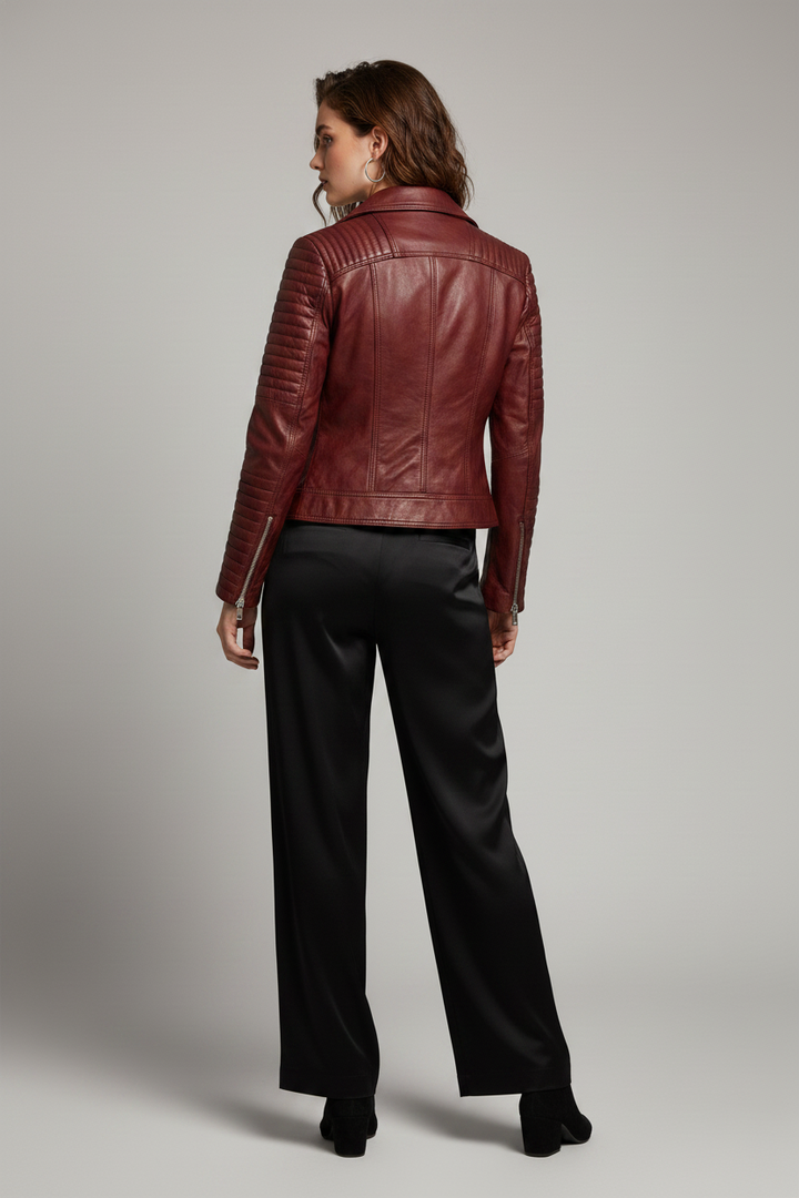 Ryder - Burgundy leather motorcycle jacket, slightly angled back view
