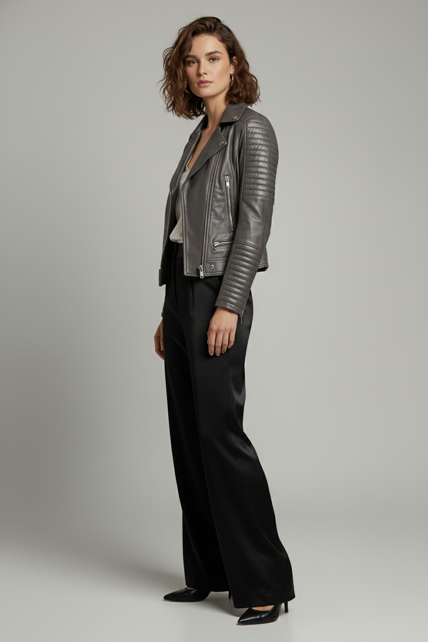 Ryder - Gray leather motorcycle jacket, slightly angled side view