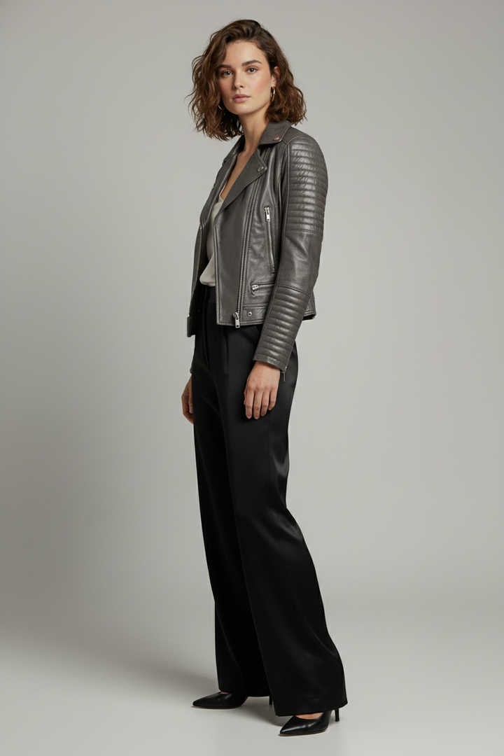 Ryder - Gray leather motorcycle jacket, slightly angled side view