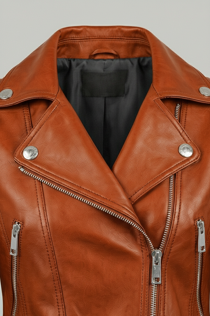 Ryder - Motorcycle Leathe - collar detail, leather texture, premium stitching