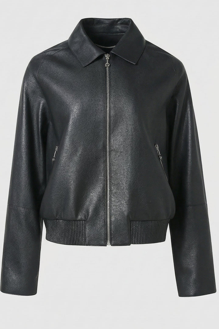 TAYLOR - Short Sheepskin bomber jacket, black, collared, zipped, ribbed hem