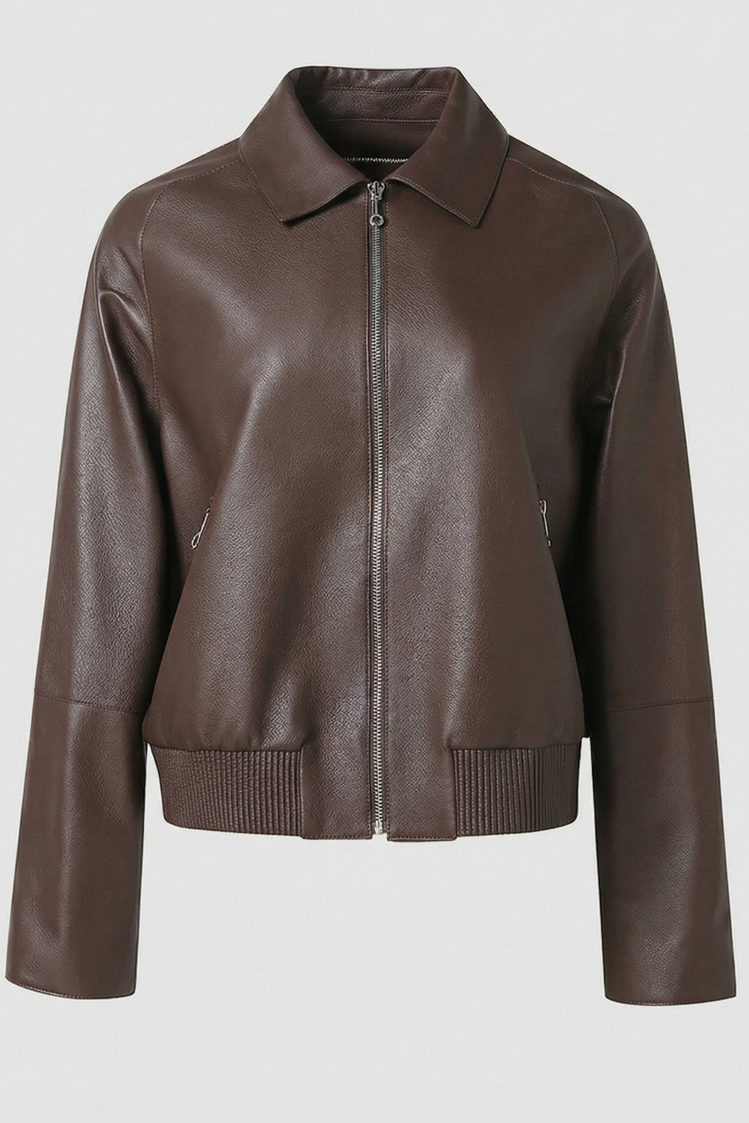 TAYLOR - Short Sheepskin bomber jacket, brown, collared, zipped, ribbed hem