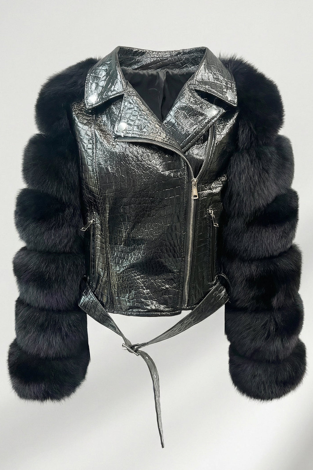 SLOAN - Black leather jacket with fur sleeves and belt detail