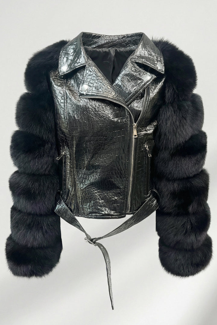 SLOAN - Black leather jacket with fur sleeves and belt detail
