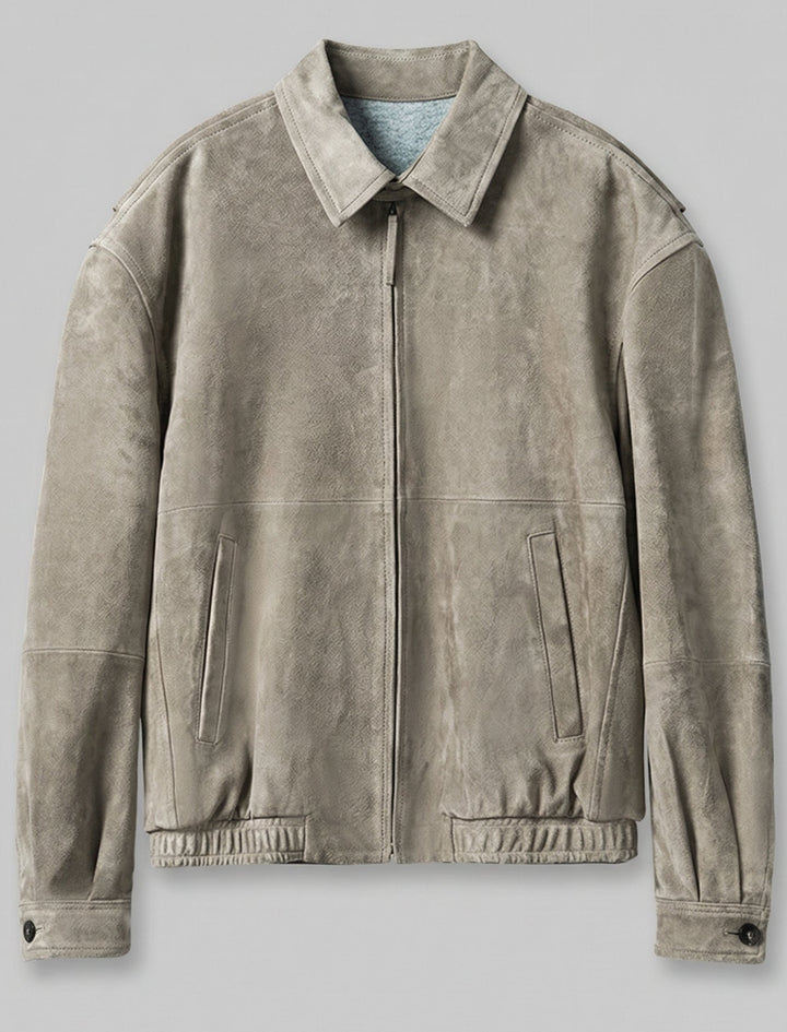 ROWAN - Light grey Vintage Suede Leather Bomber Jacket, full shot