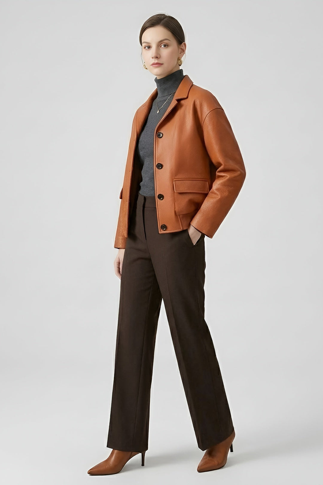 SAWYER bubble leather coat women brown angled view cropped leather jacket
