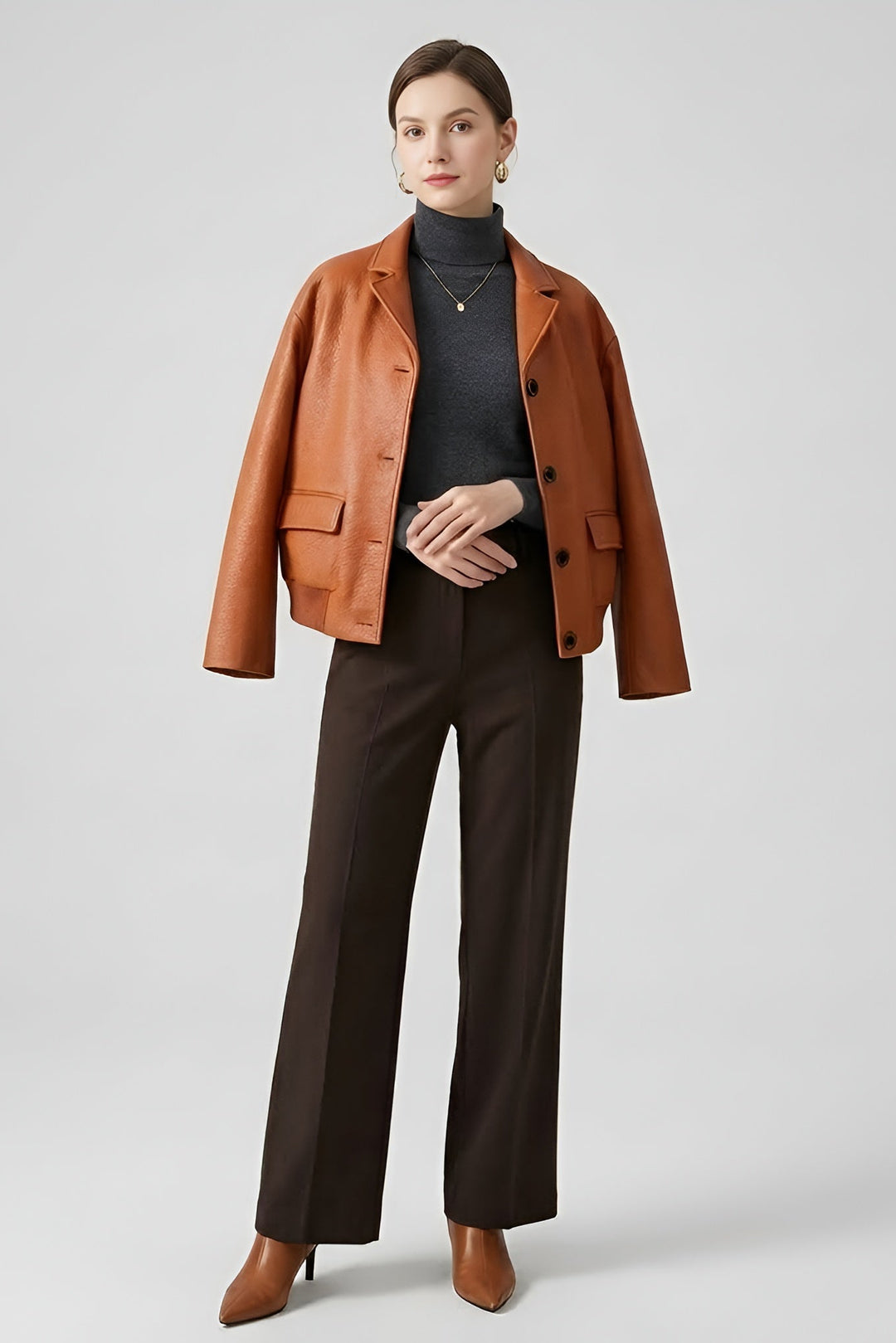 SAWYER bubble leather coat women brown front minimalist leather jacket