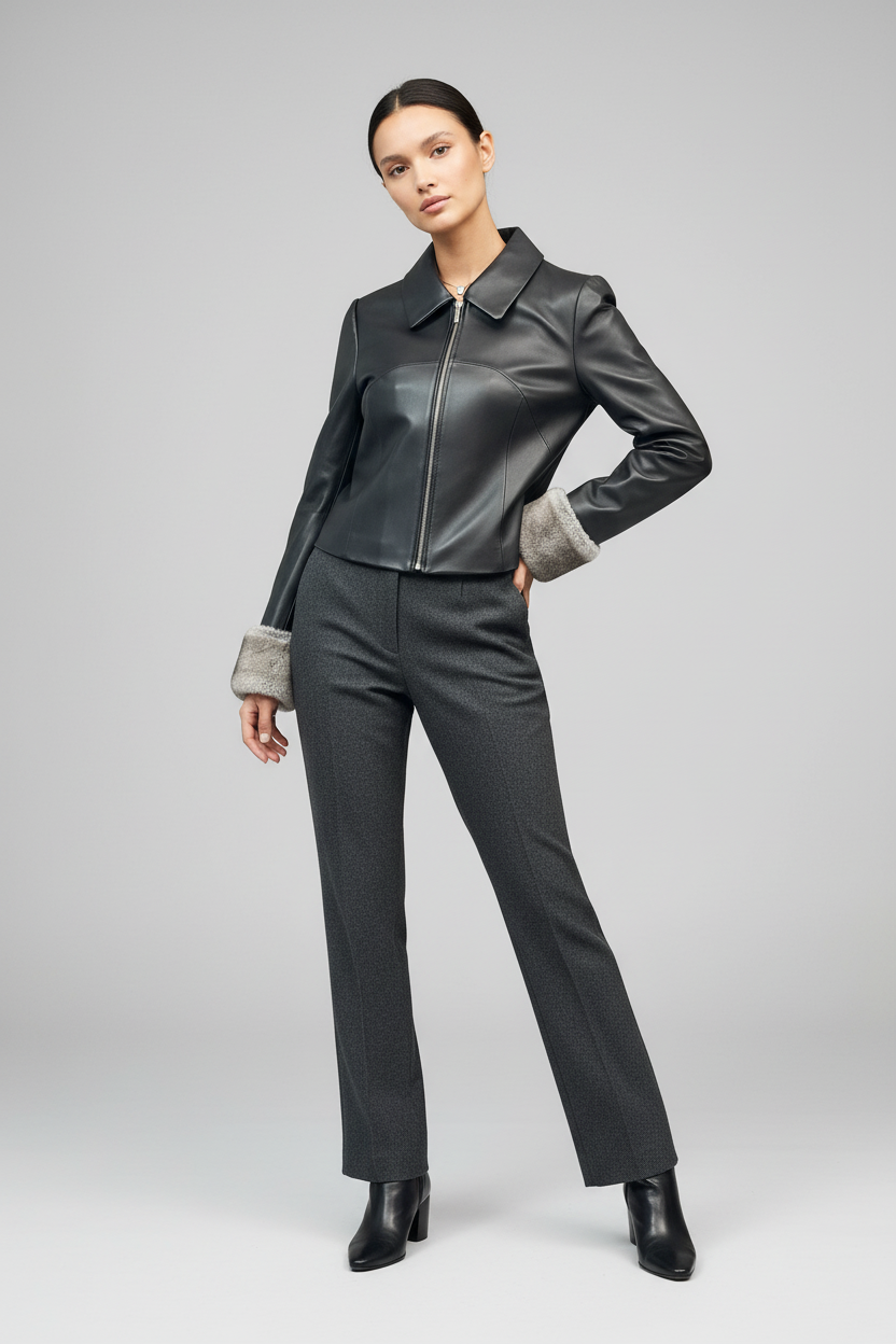 LANCASASTER - CROPPED SHEEPSKIN - black leather, grey fur cuffs