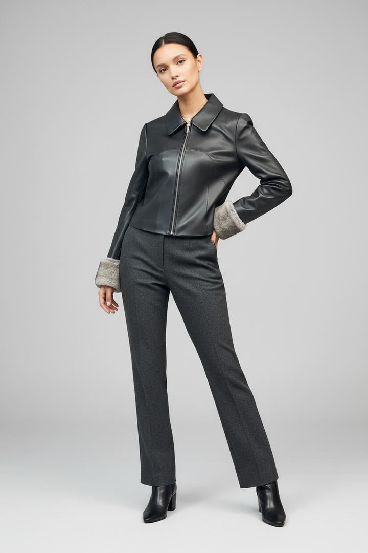 LANCASASTER - CROPPED SHEEPSKIN - black leather, grey fur cuffs