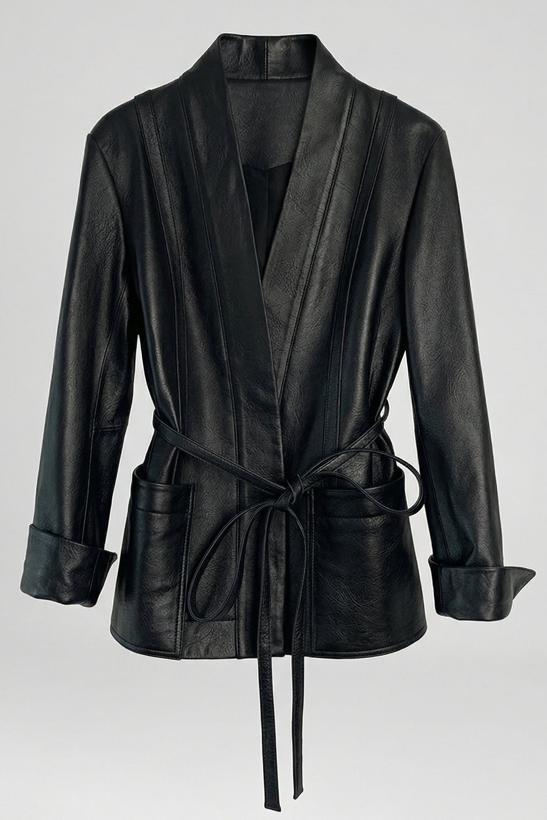 PARKER - Black belted leather jacket, V-neck, front tie closure