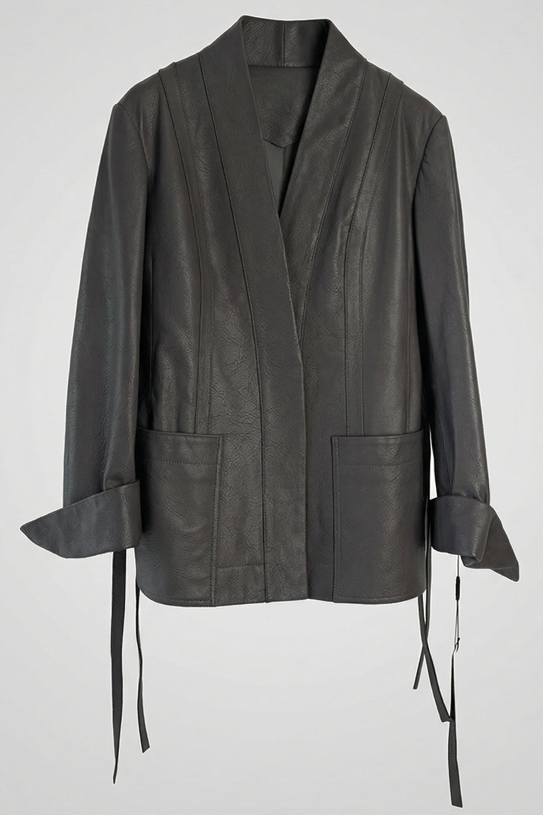 PARKER - Charcoal grey belted leather jacket, V-neck, tie waist, cuffed sleeves