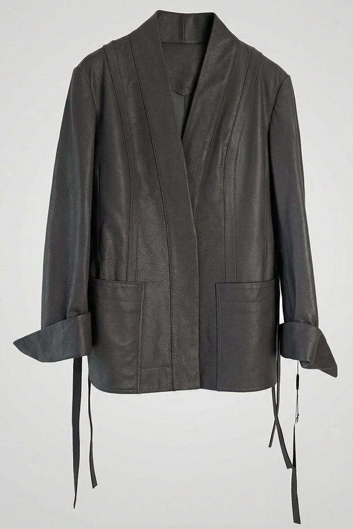 PARKER - Charcoal grey belted leather jacket, V-neck, tie waist, cuffed sleeves