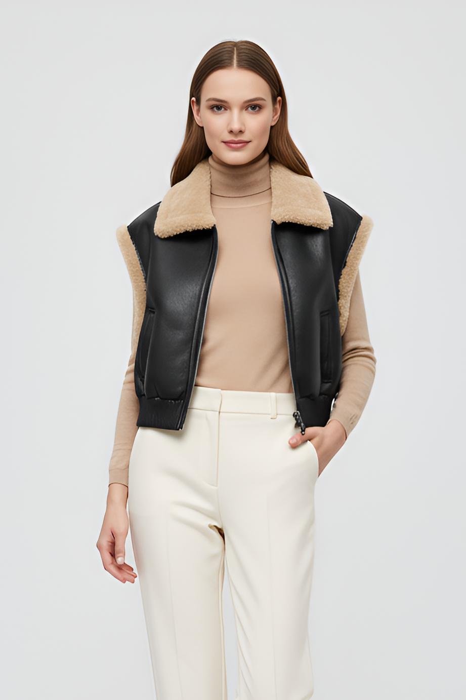 AVARIEL - Leather Vest Shearling Cropped
