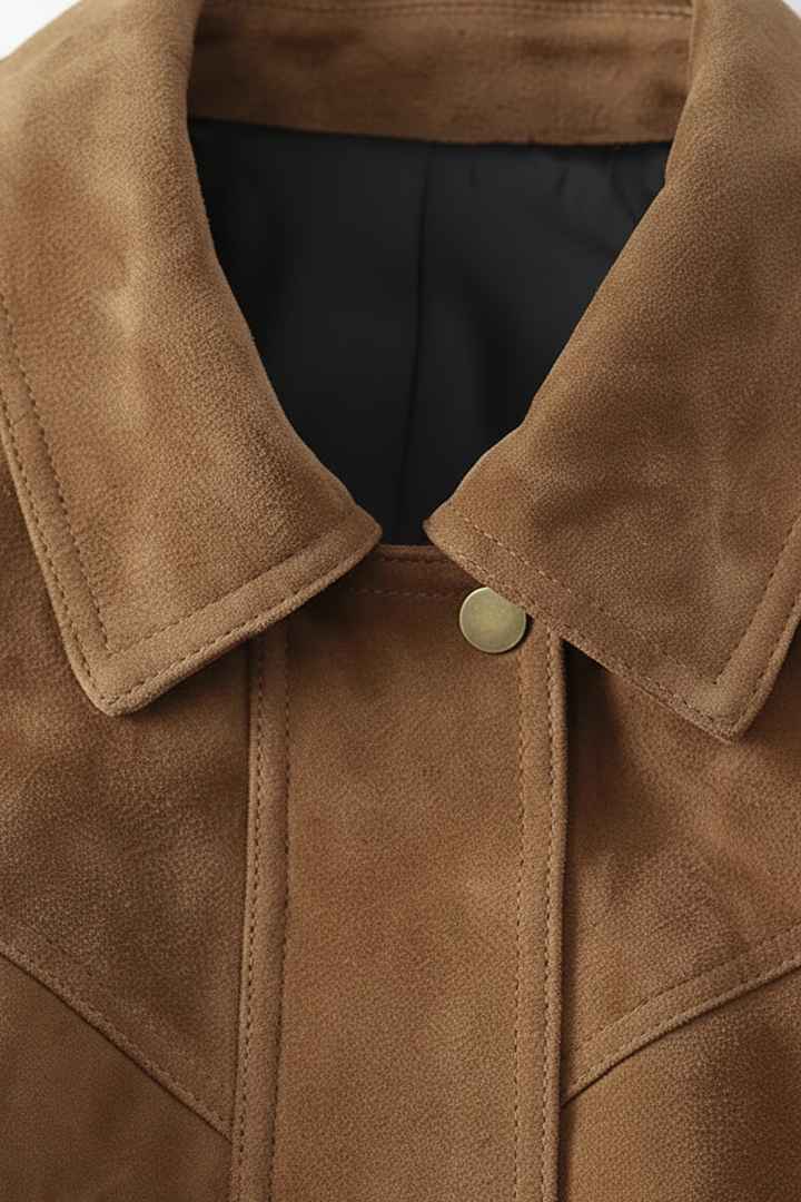 SLOANE camel suede leather bomber jacket women collar close up premium suede leather coat
