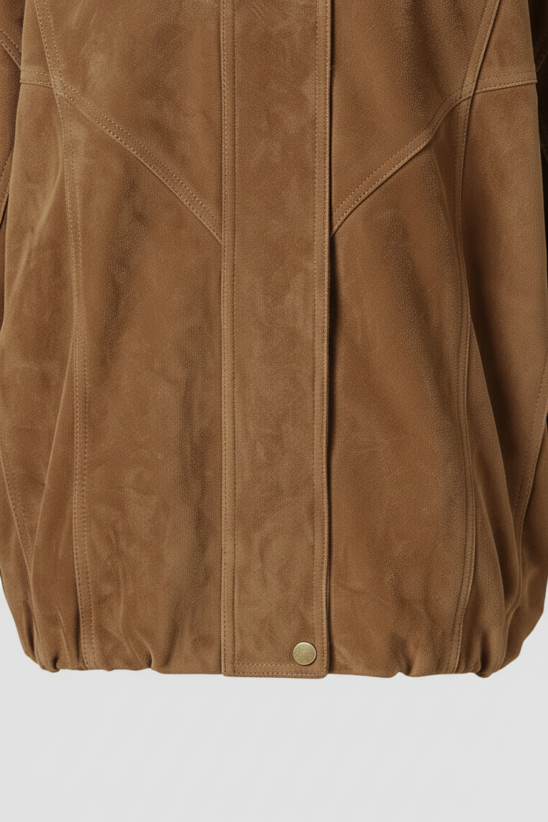 SLOANE camel suede leather bomber jacket women front panel detail genuine suede bomber coat