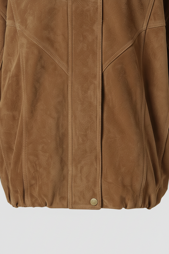 SLOANE camel suede leather bomber jacket women front panel detail genuine suede bomber coat
